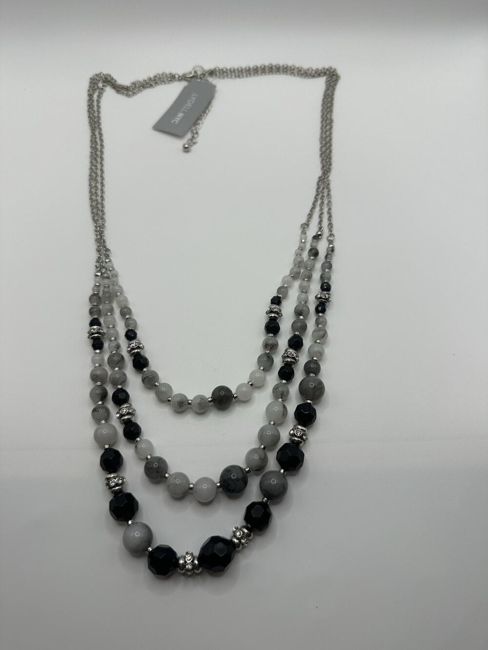 NWT LYDELL NYC Silver Tone Multi Layer Chain Necklace W/Black&Grey Beads 26”